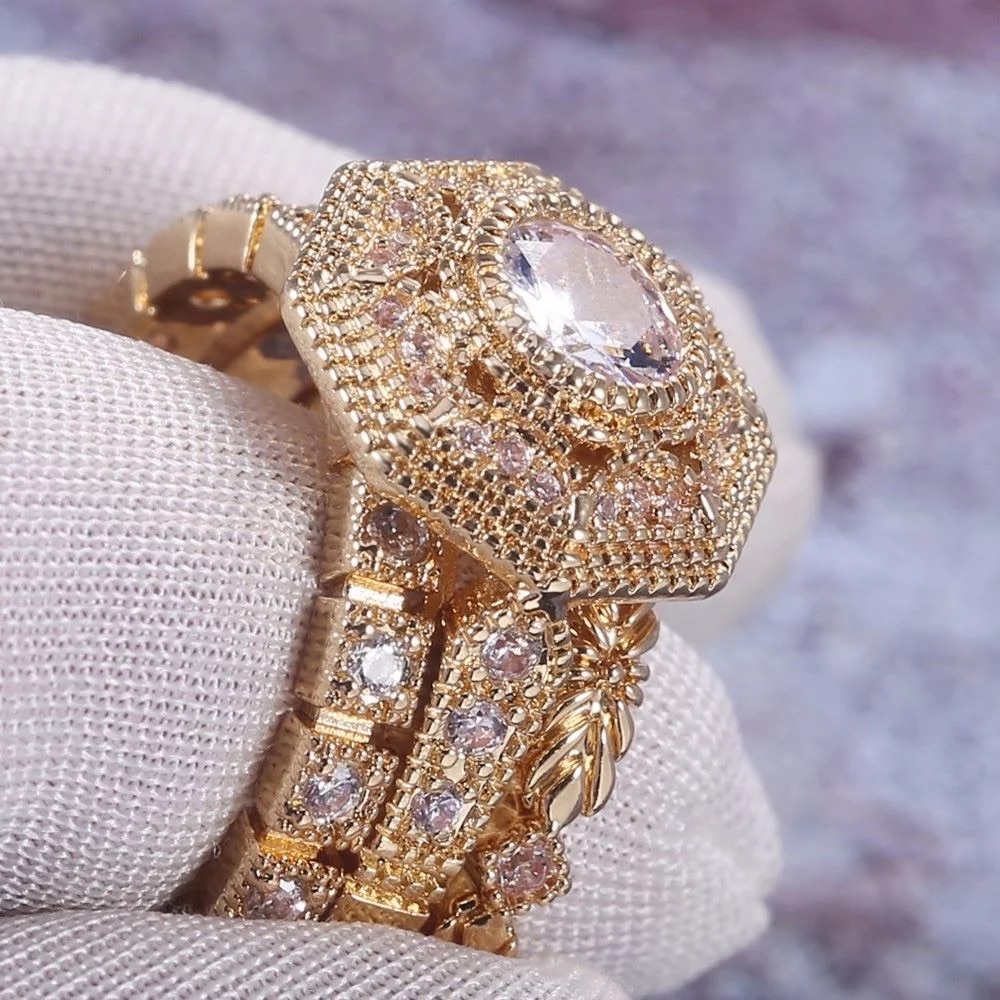 New 3pc/set Yellow Gold Plated Diamond Ring - Picture 4 of 5